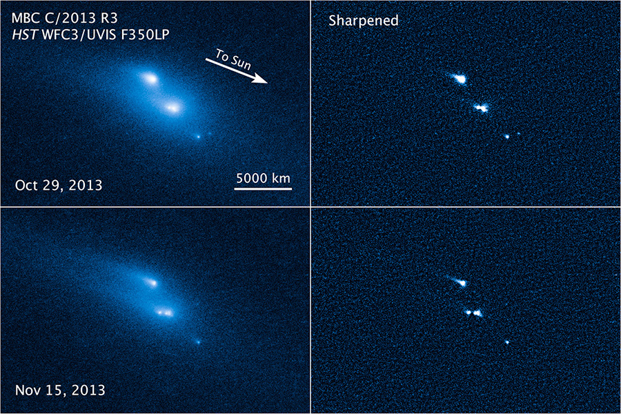 美国国家航空航天局3月6日提供的这张拼版照片显示，一颗小行星逐渐分裂。新华社发（NASA供图）  