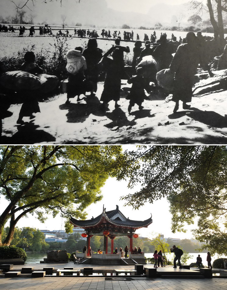 上图：这是抗战时期为躲避侵华日军轰炸逃亡的桂林市民（资料照片）。下图：市民游客在桂林市榕湖边休闲观光娱乐（2013年11月28日摄）。