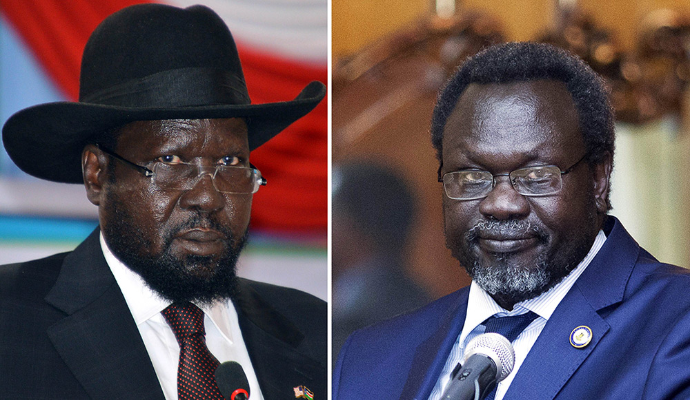拼版照片显示的是，2014年2月1日在朱巴拍摄的南苏丹总统基尔（左）和2014年5月9日在亚的斯亚贝巴拍摄的南苏丹前副总统马沙尔的资料照片。新华社/法新 