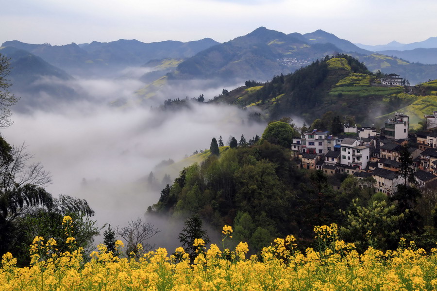 3月31日,在安徽黄山市歙县霞坑镇石潭村风景区拍摄的云雾美景.