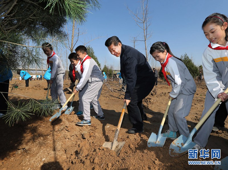 4月3日，党和国家领导人习近平、李克强、张德江、俞正声、刘云山、王岐山、张高丽等来到北京市朝阳区孙河乡参加首都义务植树活动。这是习近平同大家一起植树。 新华社记者 兰红光 摄