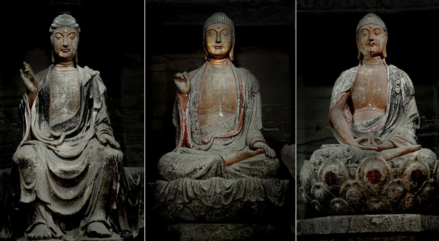 钟山石窟主窟坛基上有3组14尊大型主体石雕，主佛像为释迦牟尼三世佛（拼版照片，5月20日摄）。新华社记者 陶明 摄