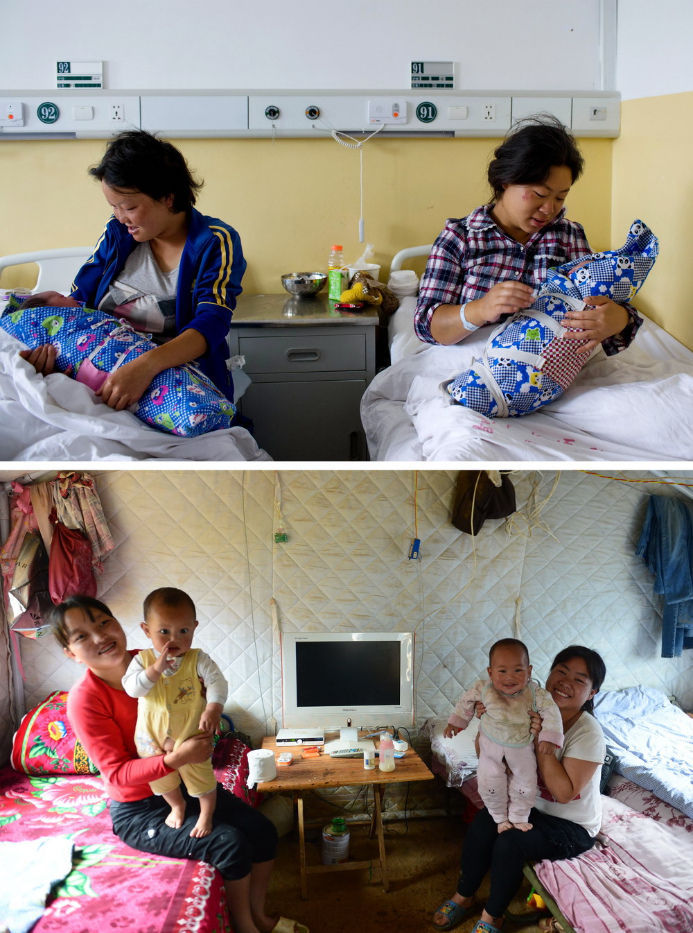 上图：在鲁甸县人民医院，常臣淑（右）和李世琼抱着刚出生不久的孩子（2014年8月5日摄）；下图：在鲁甸县火德红镇李家山村大坪社安置点，常臣淑（右）和李世琼抱着快满1周岁的孩子（2015年7月31日摄）。