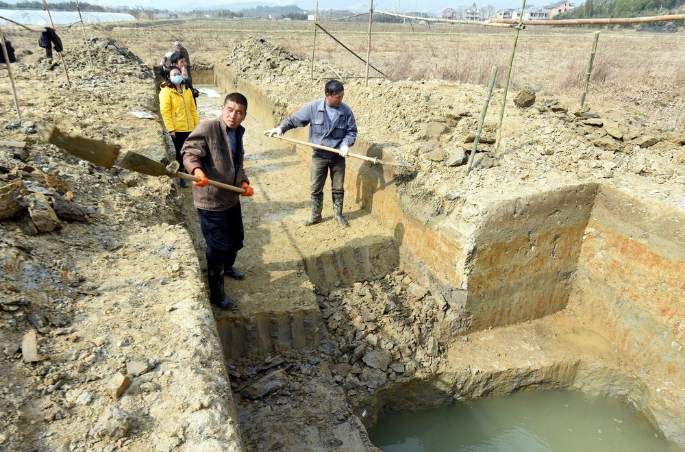 3月15日,工作人员在杭州余杭区瓶窑镇古代水利工程考古发掘现场挖掘