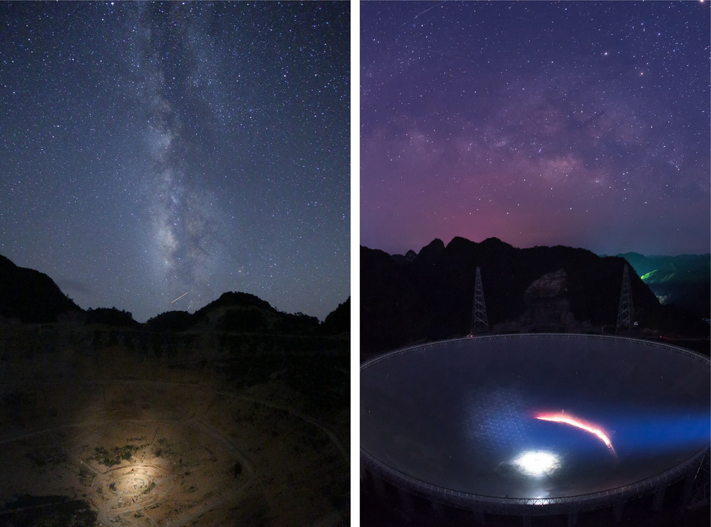 拼版照片：左图为2013年8月28日拍摄的FAST夜景（国家天文台FAST项目团队提供）；右图为2016年6月27日拍摄的FAST夜景（新华社记者刘续摄）。  新华社发