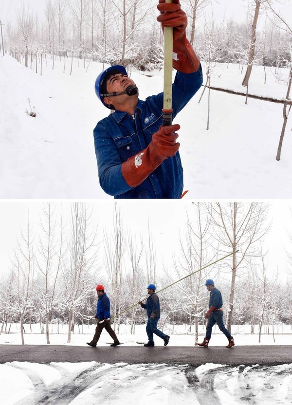 拼版照片：11月21日，国家电网新疆阿克陶县供电公司工作人员在皮拉勒乡巡查供电设施。   新华社记者 赵戈 摄