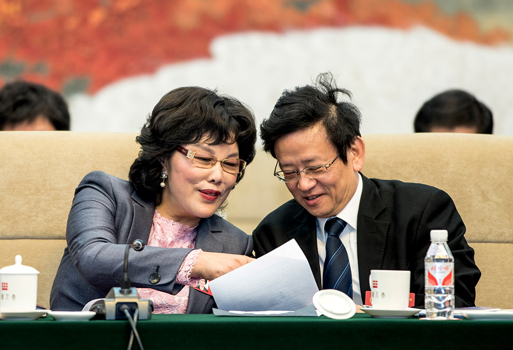 會議間隙，陳愛蓮與楊梧代表在探討有關法律問題。
