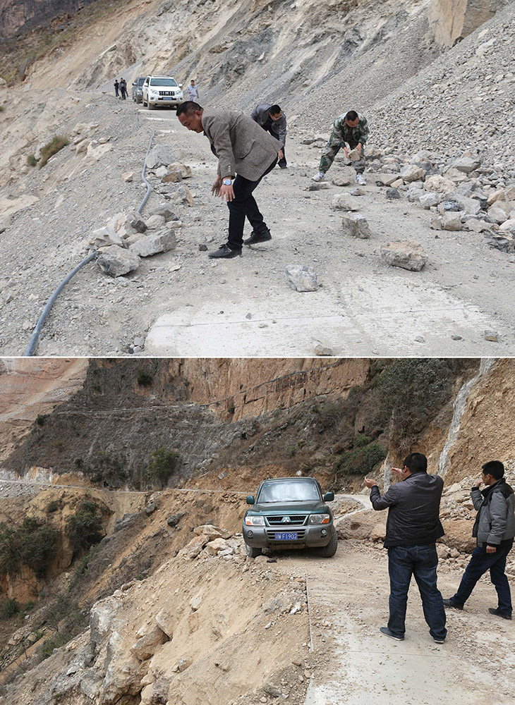 上圖：在通往老君洞村委會的道路上，滑坡體掉下來的石頭阻斷了汽車通行﹔下圖：在通往老君洞村委會的道路上，汽車謹慎通過（3月13日攝）