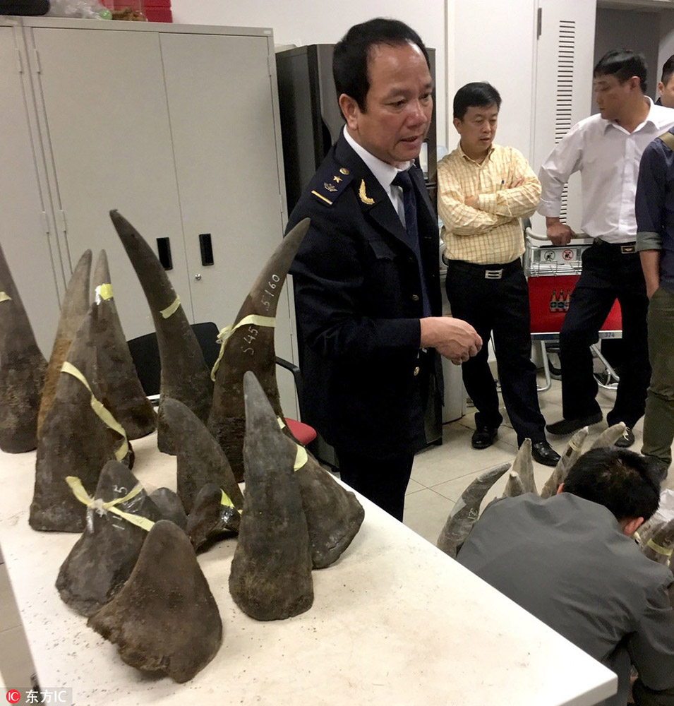 3月14日，越南海关展示截获的犀牛角。