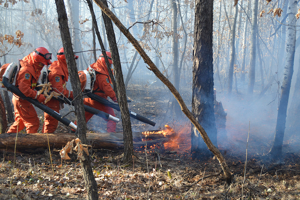 5月1日，武警內蒙古大興安嶺森林支隊官兵在扑救森林火災。