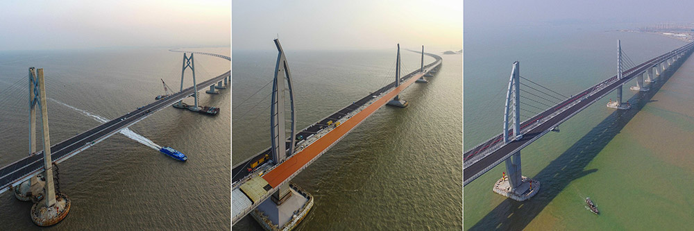 從左至右分別是港珠澳大橋位於青州航道的“中國結”橋塔、江海航道的海豚橋塔和九洲航道的風帆橋塔（4月28、29日攝）。