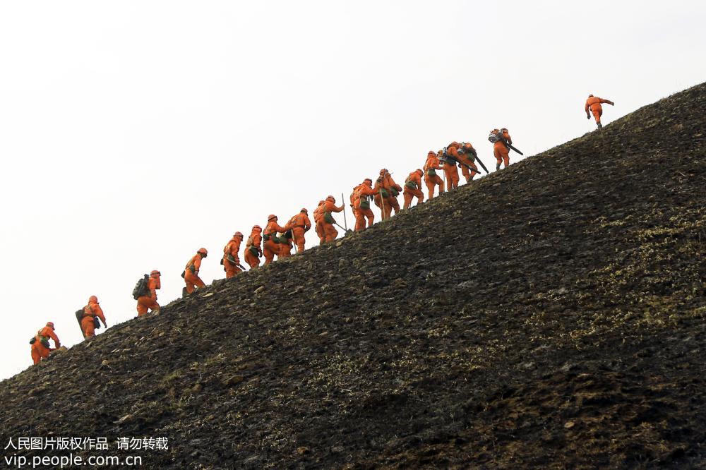 5月20日，武警錫盟森林支隊奉命增援內蒙古呼倫貝爾市陳巴爾虎旗那吉林場森林火災滅火戰斗。巡查火線官兵走在30度以上山脊上。