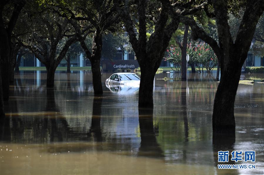 9月1日，在美國得克薩斯州休斯敦西部郊區，一輛汽車停在被洪水淹沒的街道上。