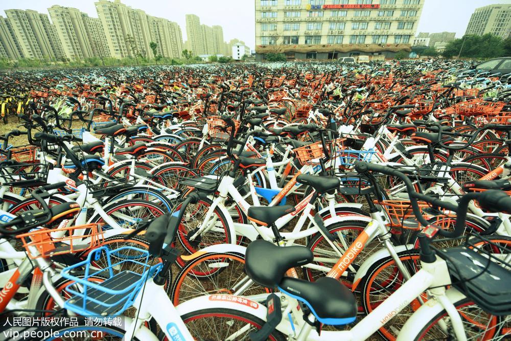 杭州共享單車密密麻麻堆積如山 場面壯觀