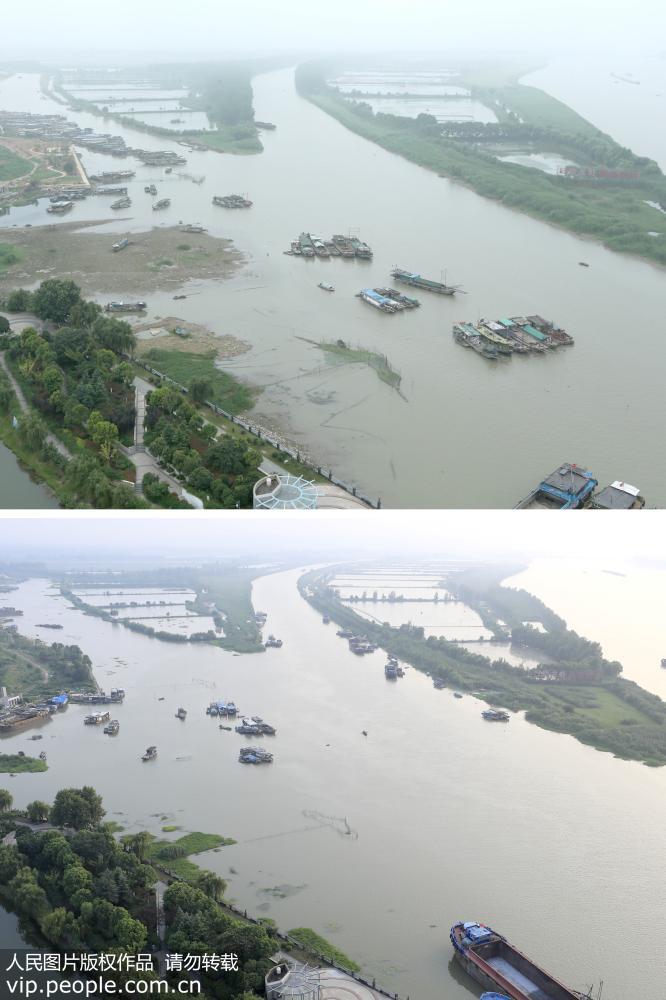 這張拼版照片顯示的是2017年7月3日（上圖）和2017年9月13日（下圖）在江蘇省淮安市盱眙縣同一地點拍攝的淮河水位情況。