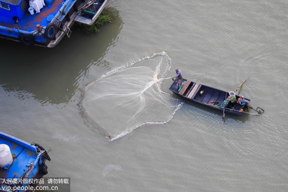 9月13日，在淮河江蘇盱眙段，漁民在撒網捕魚。