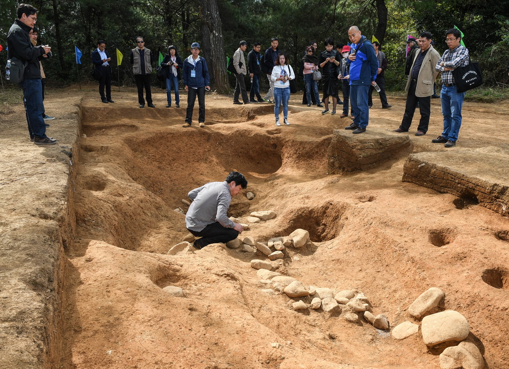 11月5日，来自国内外的考古专家和学者在南山遗址蓄水池遗存查看发掘工作现场。