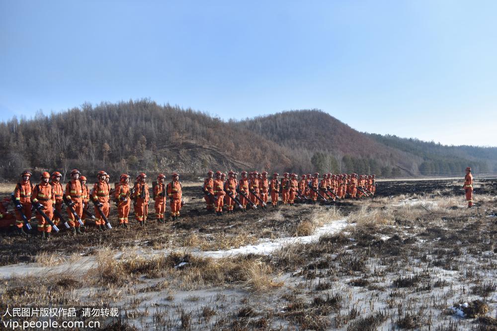 11月14日，武警大興安嶺地區森林支隊滅火隊員正在組織班（組）滅火戰斗訓練。