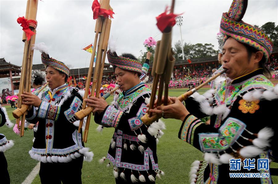 11月18日，在广西融水举办的苗族芦笙斗马节开幕式上，当地群众在吹奏芦笙。