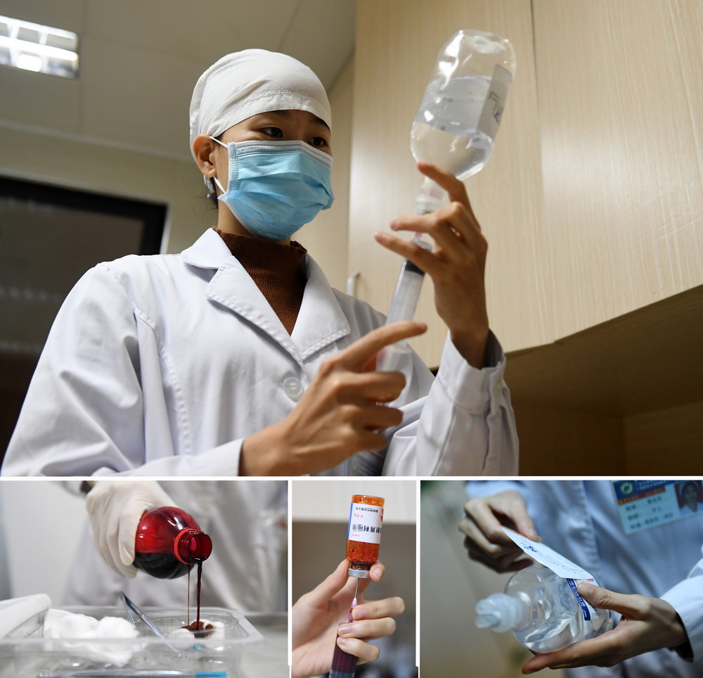 這張拼版照片為郭應玲在廣西南寧市第四人民醫院為病人配藥（11月29日攝）。