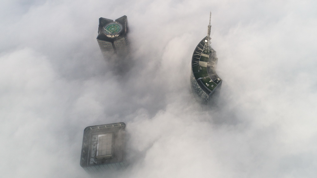 1月17日，合肥市天鵝湖畔的高層樓宇被大霧環繞。 新華社記者 郭晨 攝