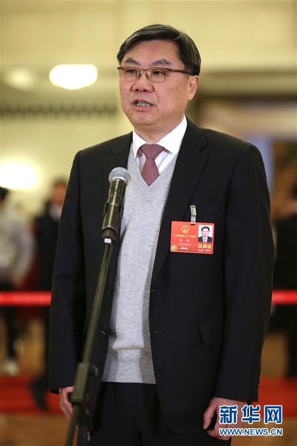 這是全國人大代表陳虹在“代表通道”接受採訪。 新華社記者金立旺攝