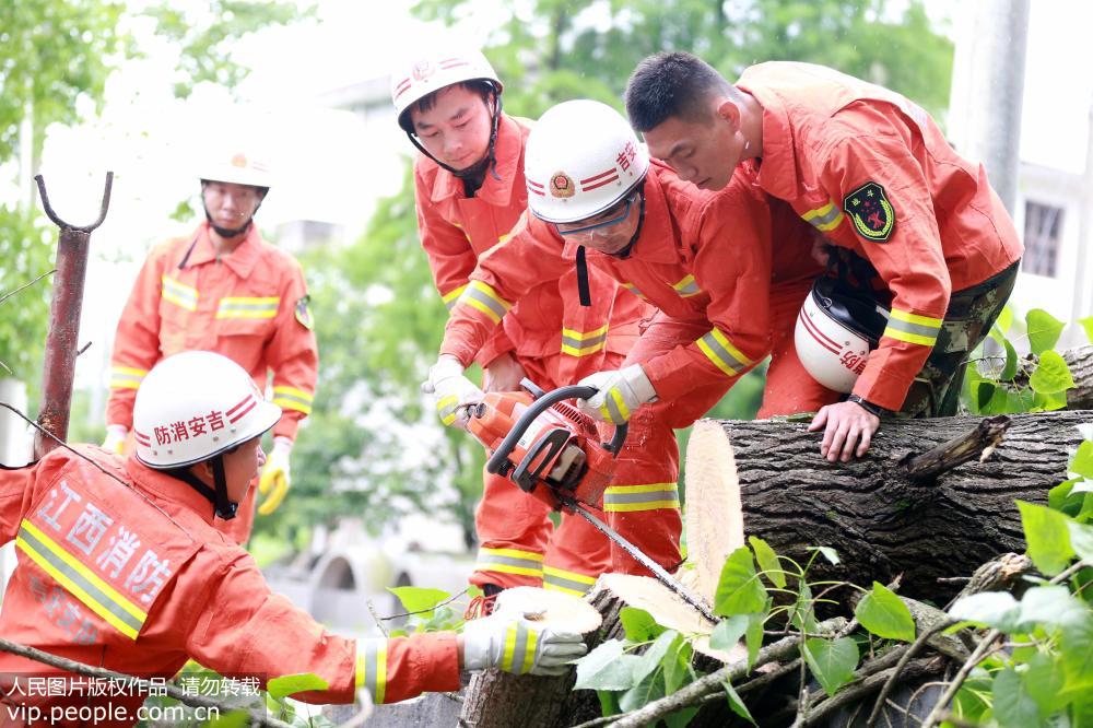 5月7日，在江西省峽江縣羅田鎮安山村，消防官兵在鋸切樹枝。