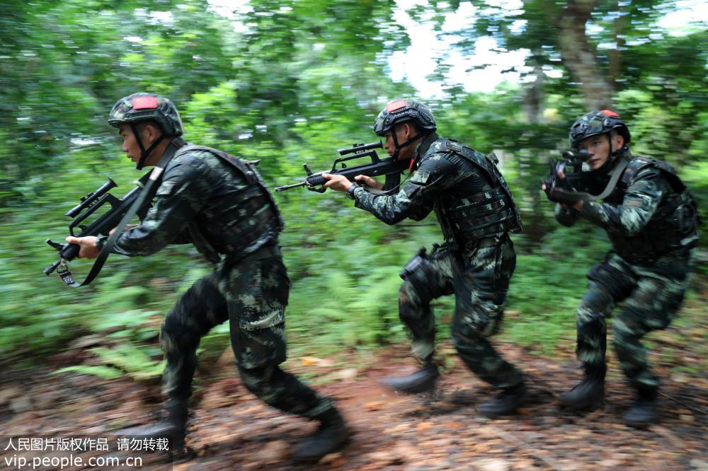 7月12日，特战队员在陌生丛林搜索前进。