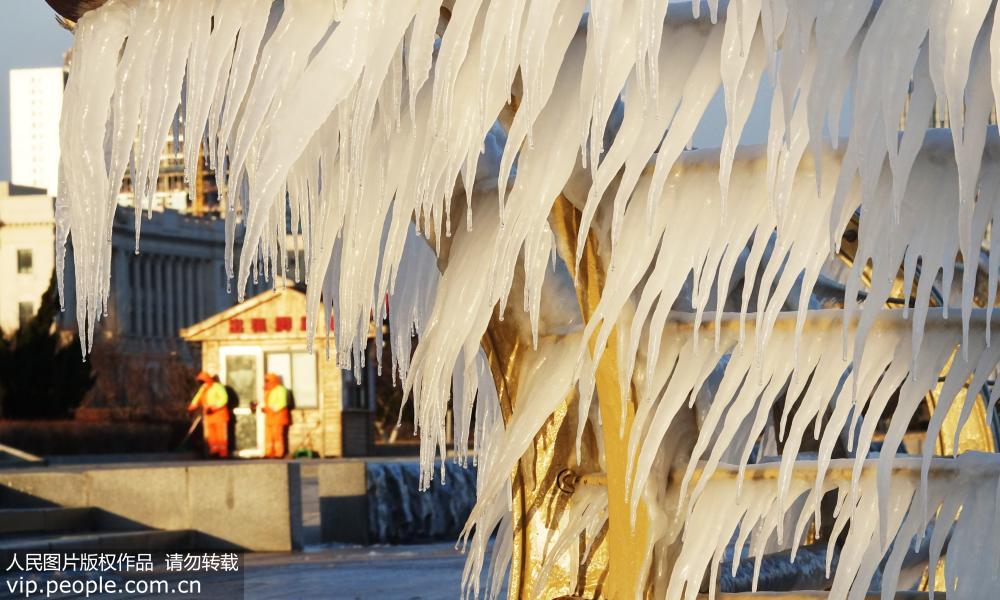 12月27日，大连东港海岸边的护栏挂上了美丽的冰凌。