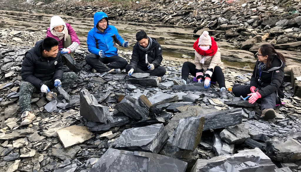 2018年，西北大學地質學系的師生在湖北省宜昌市丹水河進行“清江生物群”化石挖掘。 新華社發（西北大學供圖）