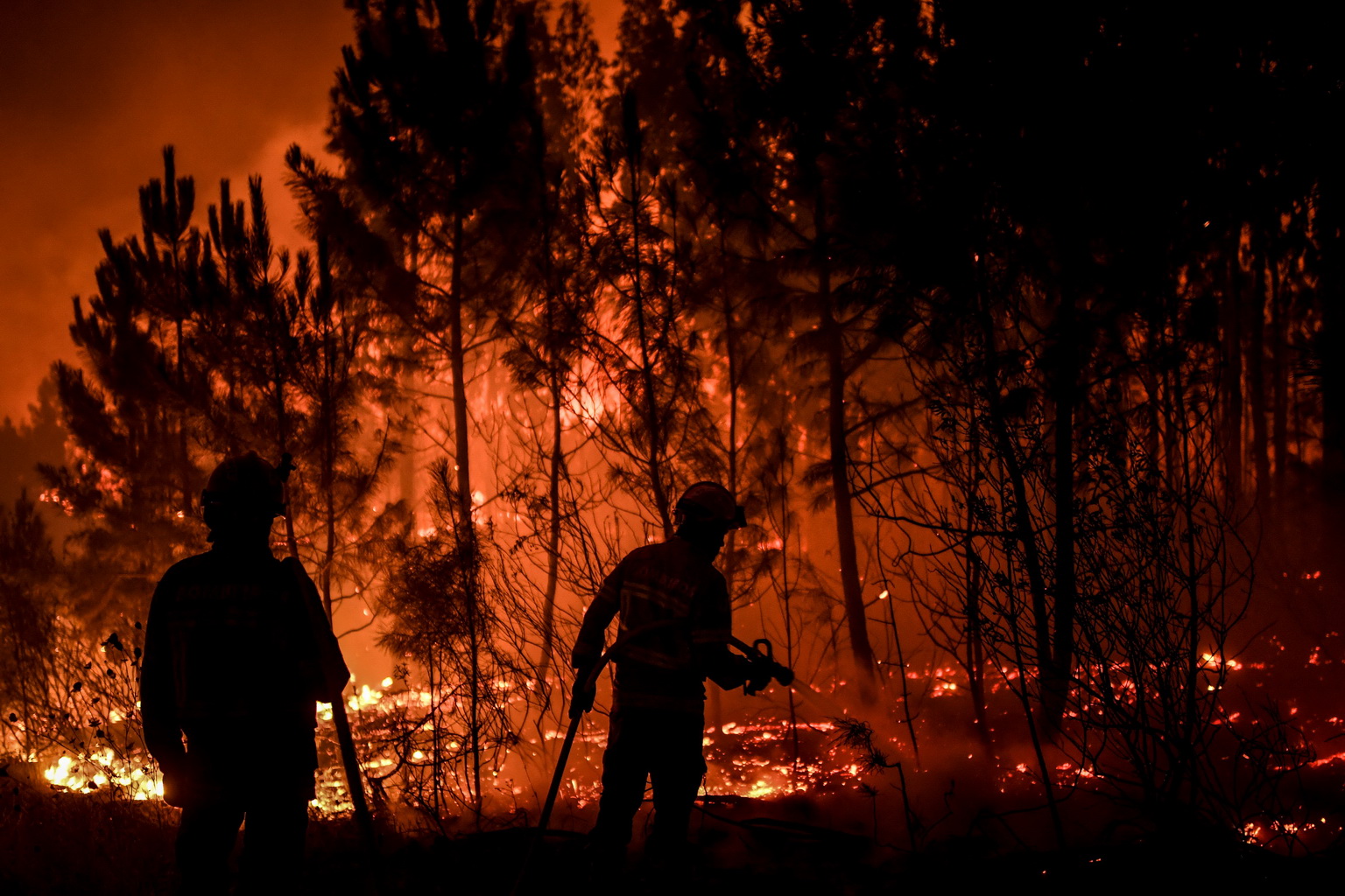 7月21日，在葡萄牙中部的卡爾迪古什村，消防人員在火場作業。
