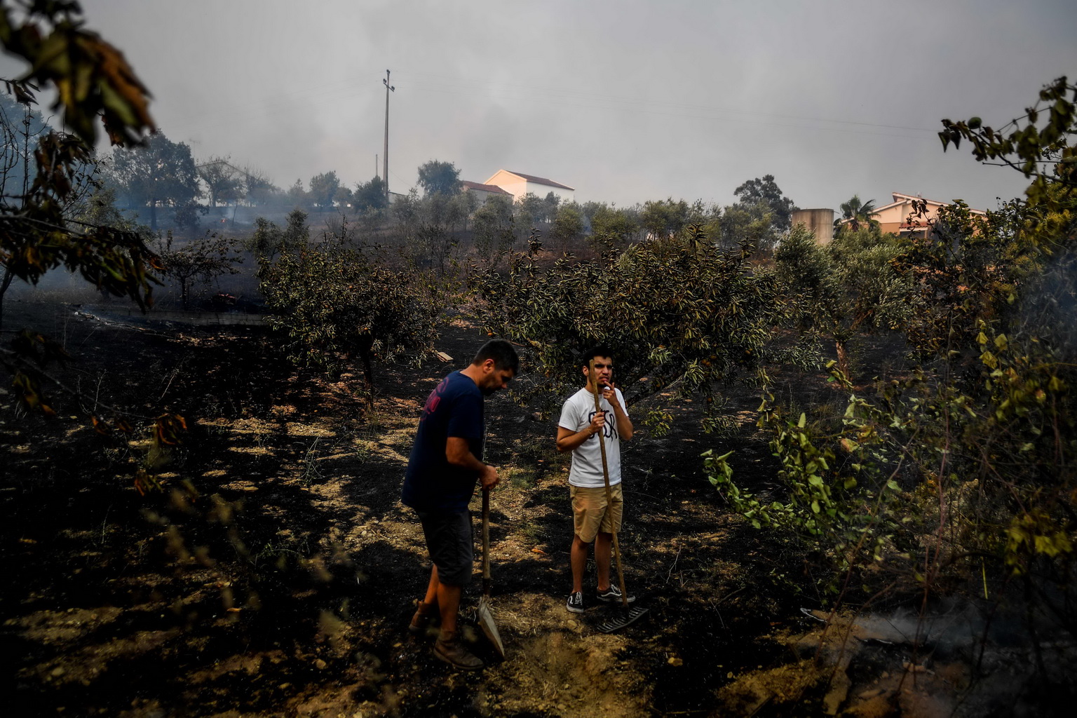 7月21日，在葡萄牙中部的羅達村，兩名村民站在被燒過的果園裡。