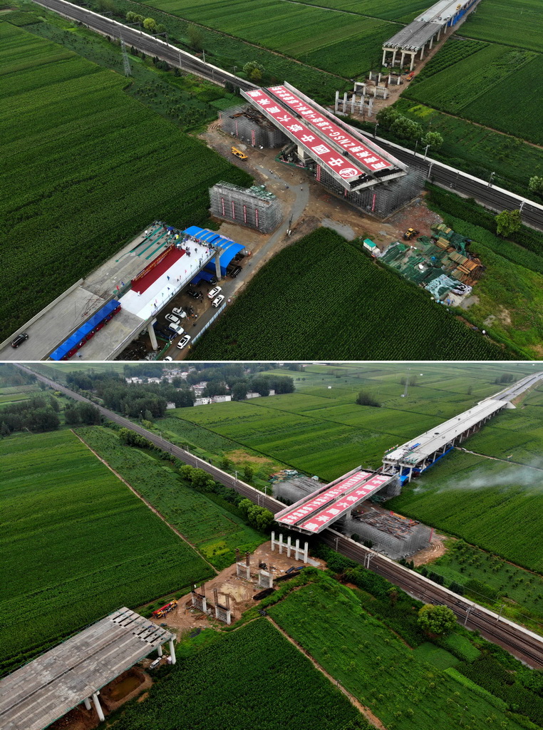 拼版照片上圖為周南高速公路上跨京廣鐵路轉體橋轉體前場景﹔下圖為周南高速公路上跨京廣鐵路轉體橋轉體后場景（7月30日無人機拍攝）。