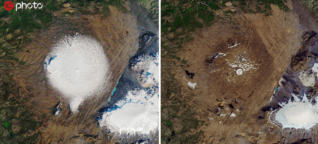 Okjokull冰川在1986年和2019年的前后對比照。