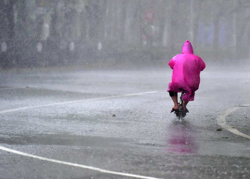 8月25日，市民在廈門市街道上冒雨騎行。