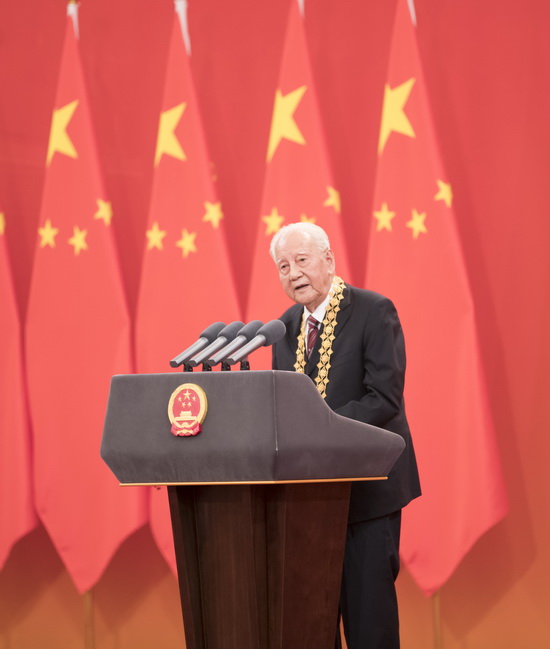 9月29日，“共和國勛章”獲得者代表黃旭華發言。新華社記者 丁海濤 攝