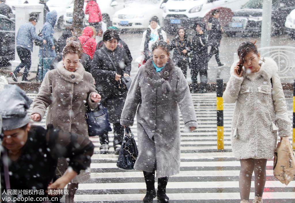 11月8日，新疆乌鲁木齐市市民冒雪出行。