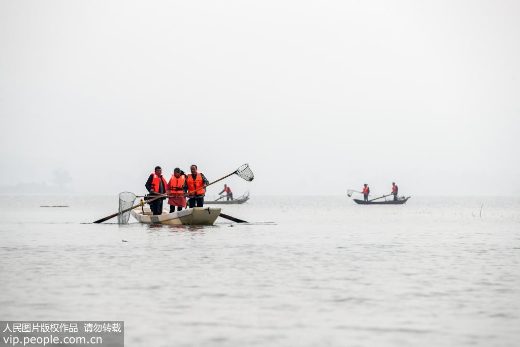 12月17日，江西省吉安市峽江縣巴邱鎮蔣沙村河道保潔員在玉峽湖打撈水面垃圾。