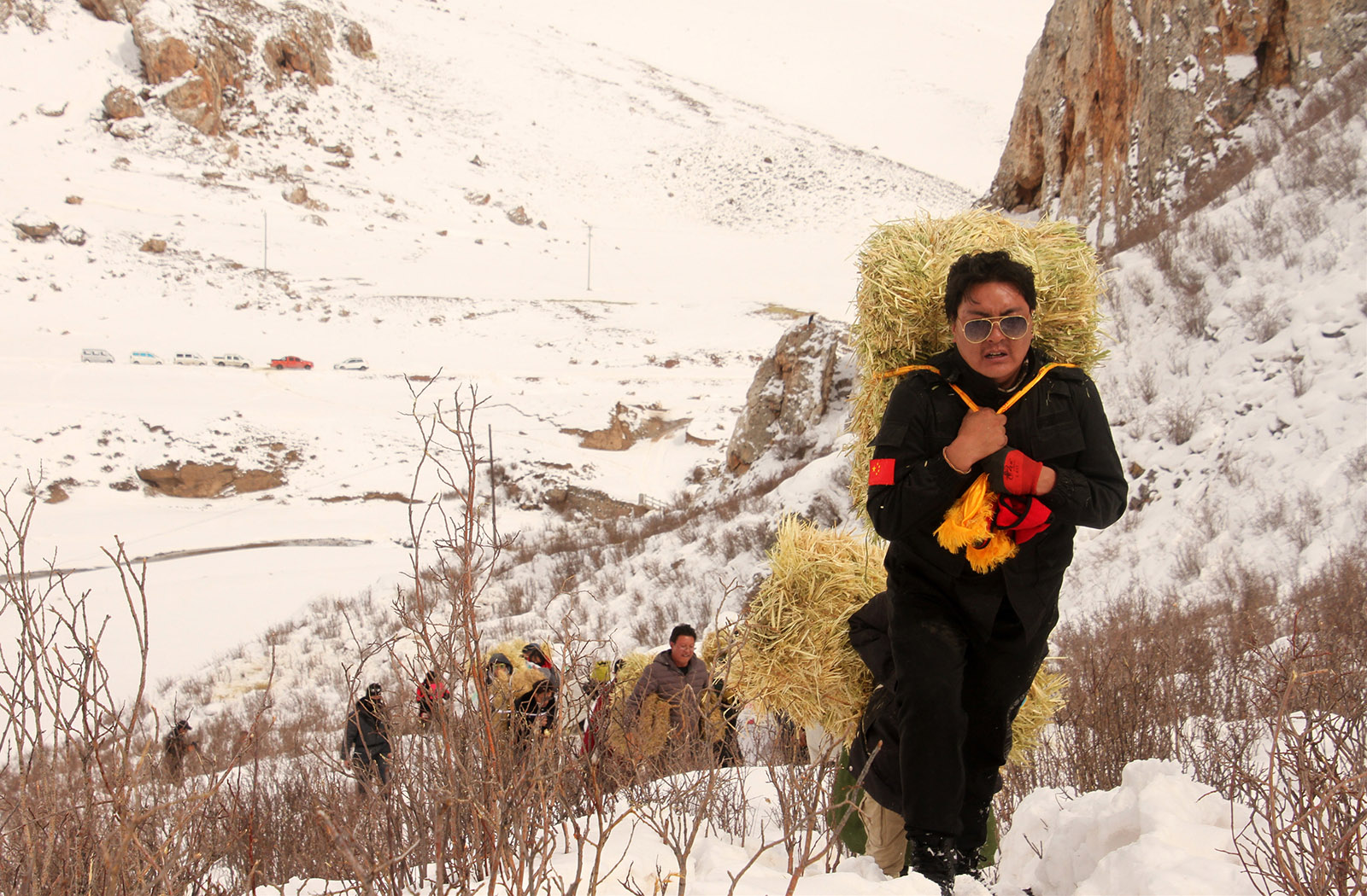 尼周(高中組)青海《救助》 2019年初，玉樹州牧區下了一場特大降雪，很多食草動物已經斷糧，藏族鄉親們自發的背起食草越過幾十公裡山路給它們送糧。搜索復制