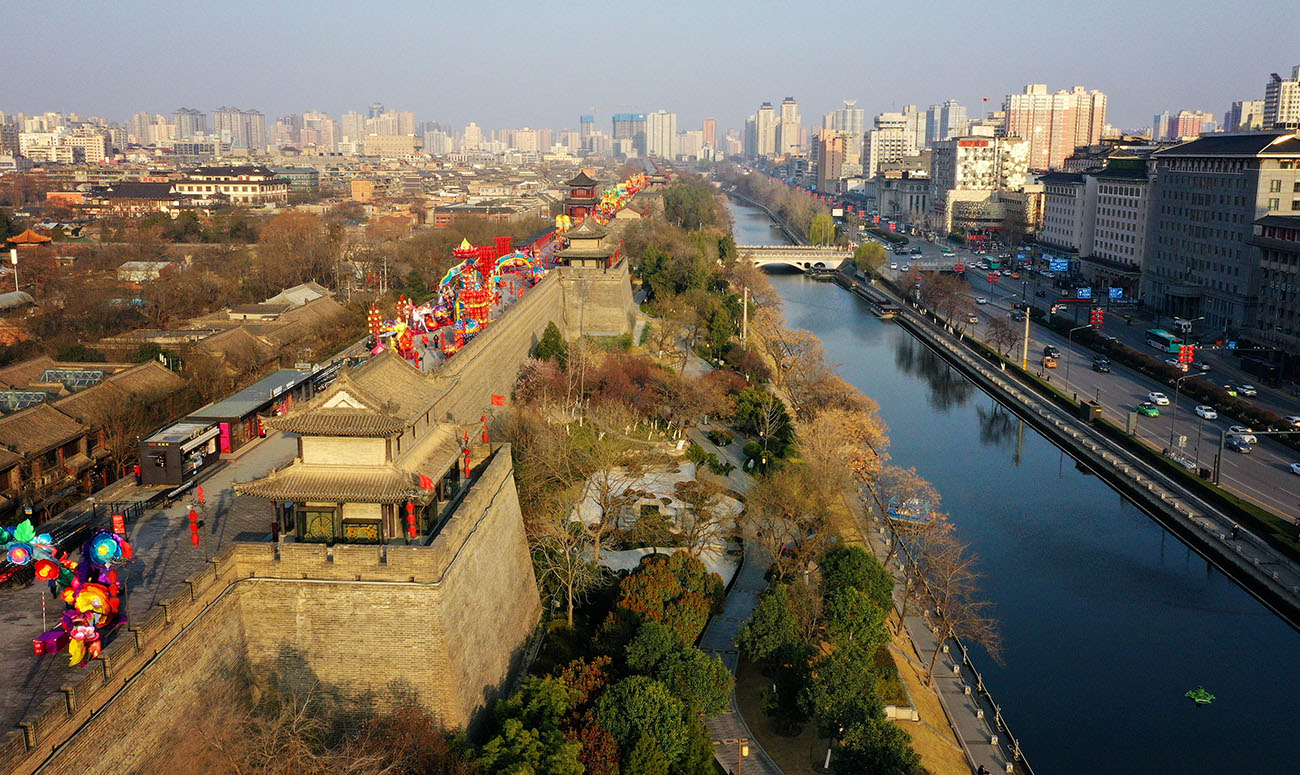 3月4日拍攝的西安城牆（無人機照片）。