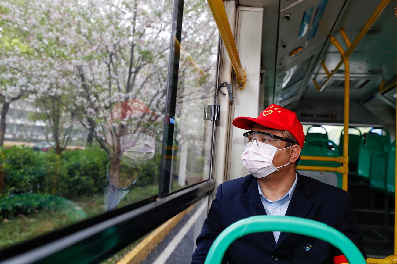 3月25日，在武昌火车站综合体站始发的首趟518路公交车上，安全员熊伟望着窗外路边的樱花。