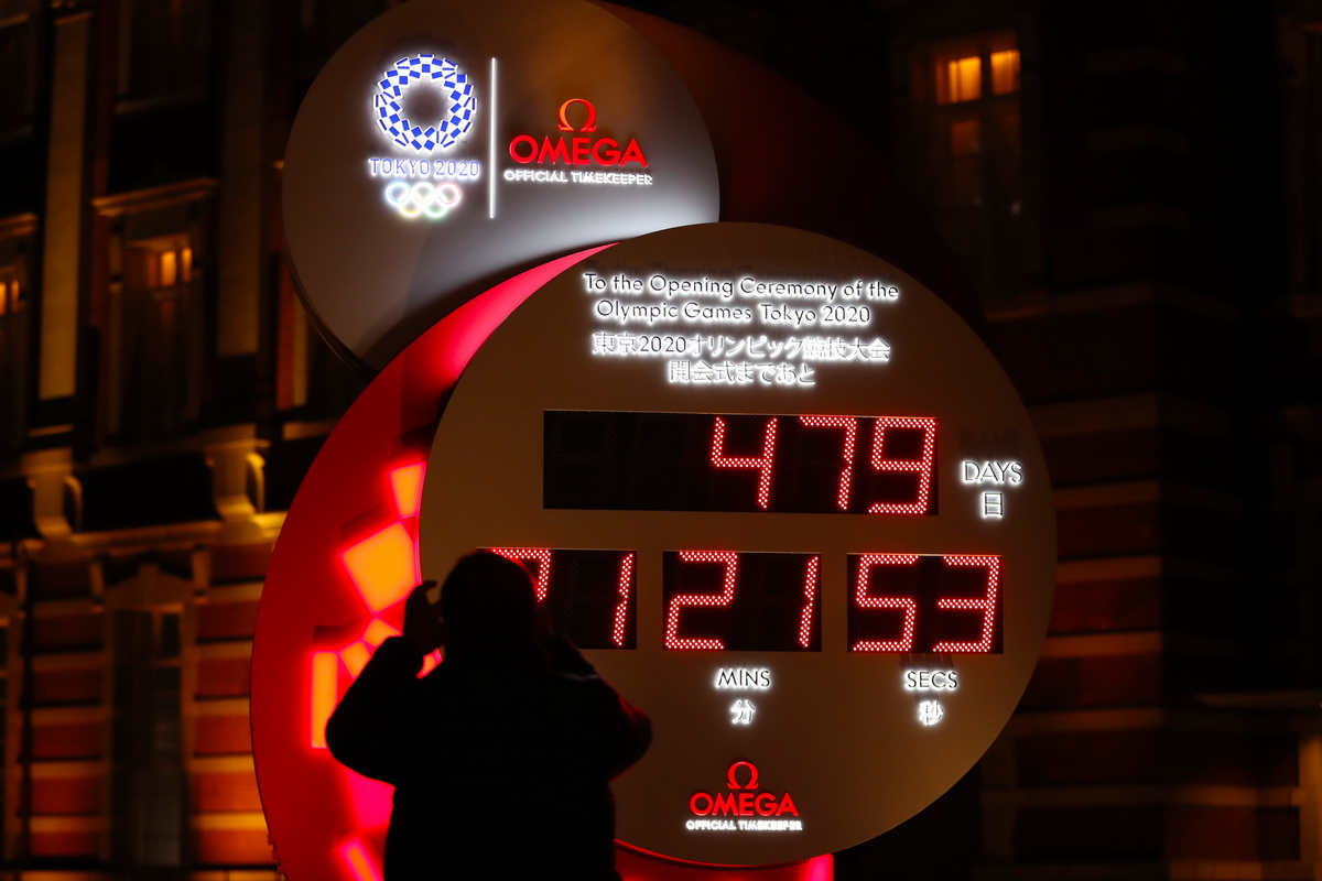 3月30日，行人在日本東京站前拍攝顯示東京奧運會開幕式倒計時的電子鐘，電子鐘已根據新宣布的開幕時間進行調整。