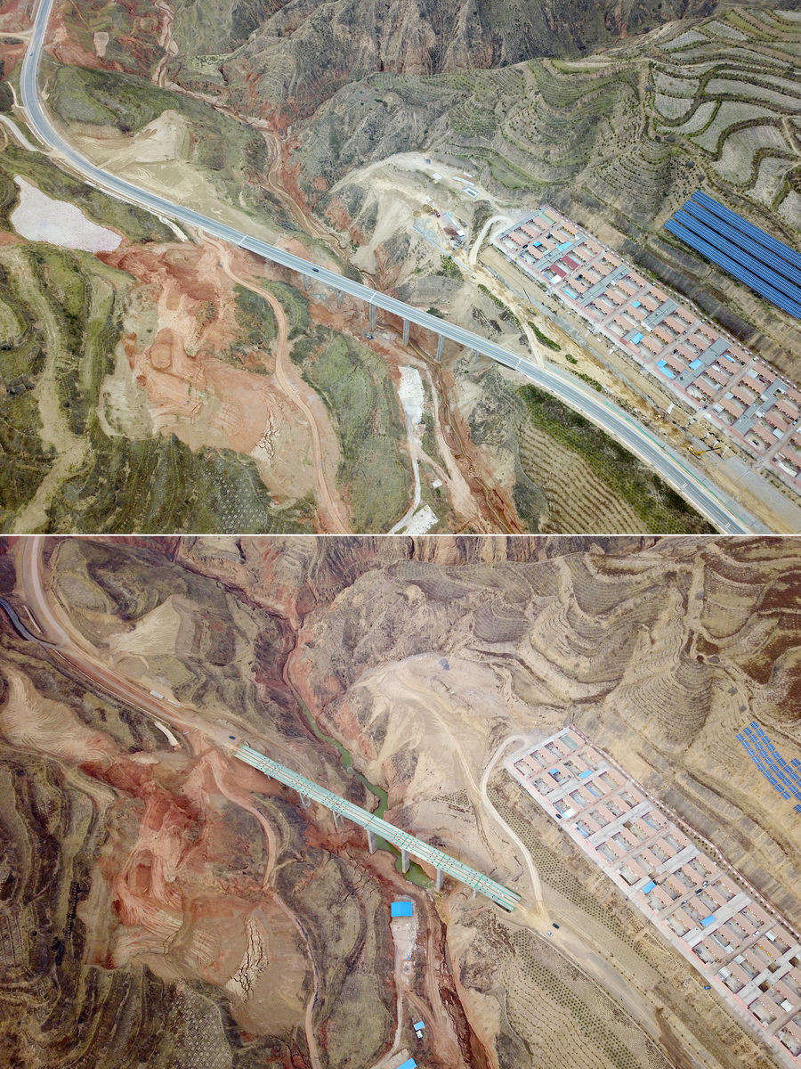 拼版照片：上圖為4月20日在甘肅東鄉族自治縣高山鄉布楞溝村拍攝的已通車的折紅二級公路（無人機照片）﹔下圖為2019年3月4日在布楞溝村拍攝的建設中的折紅二級公路（無人機照片）。
