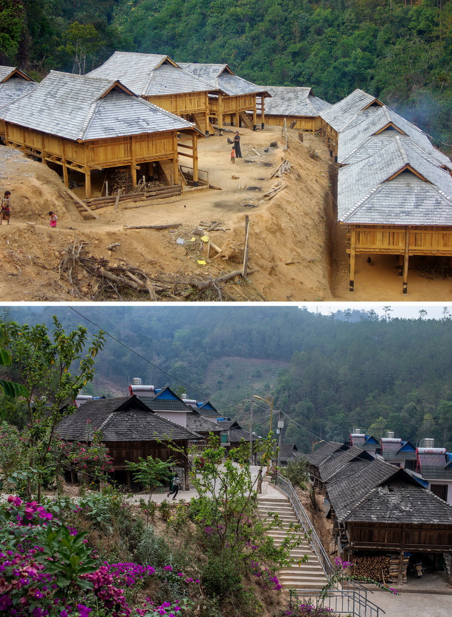 拼版照片：上圖為2010年曼班三隊正在修建的安居房（資料照片）﹔下圖為2020年4月12日在同位置拍攝的村容村貌（新華社記者胡超攝）。