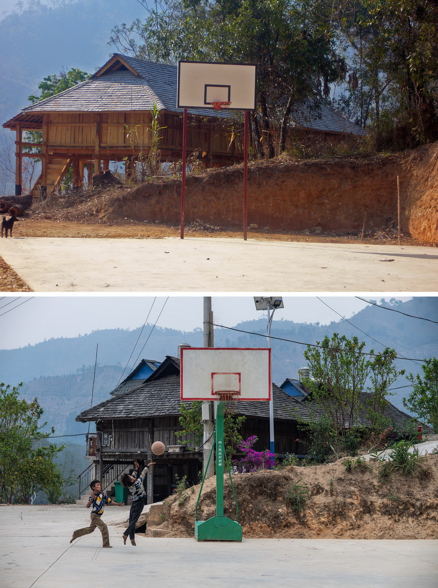 拼版照片：上圖為2010年曼班三隊遷入時的籃球場（資料照片）﹔下圖為2020年4月12日在同位置拍攝的活動場地（新華社記者胡超攝）。