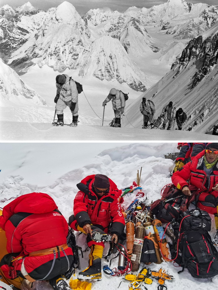 拼版照片：上圖為1960年，登山隊隊員在海拔7000米以上的雪坡上前進（資料照片）。新華社發   下圖為2020年5月21日拍攝的2020珠峰高程測量登山隊員所使用的現代登山設備。新華社特約記者拉巴攝