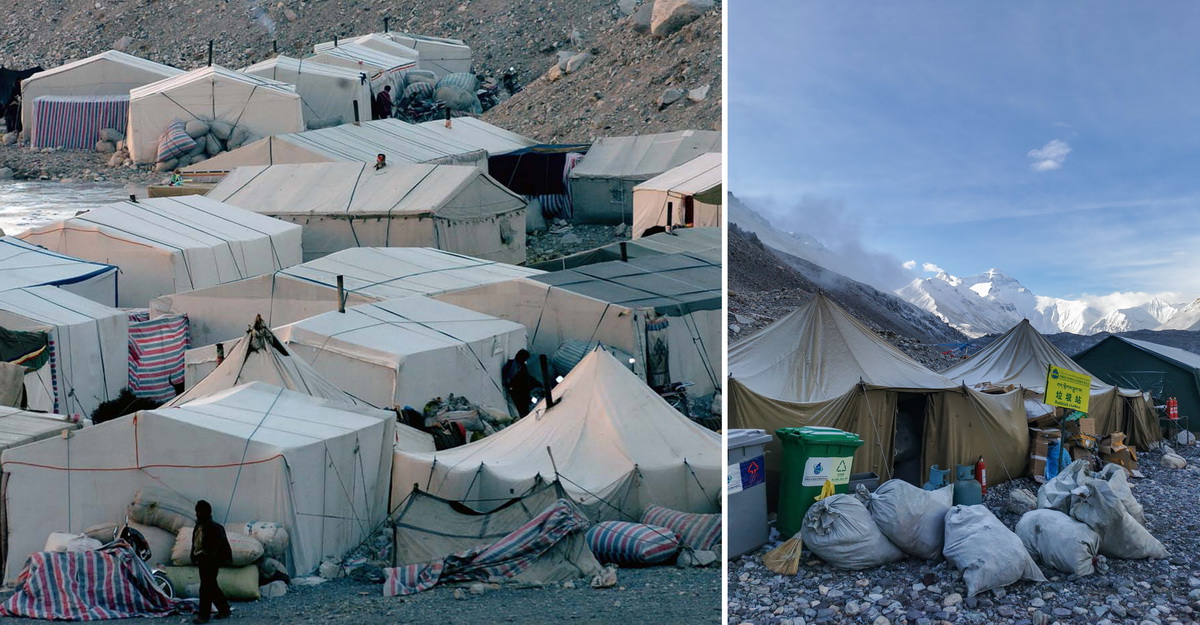 拼版照片：左圖為2005年的春季登山季，為測量、登山和科考等隊伍提供服務保障的當地群眾在珠峰大本營搭起的帳篷（資料照片）。新華社記者索朗羅布攝  右圖為2020珠峰高程測量活動中，曾經被視為登山隊最好的帳篷變成了垃圾集中存放處。新華社記者普布扎西攝