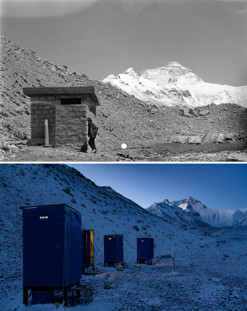  拼版照片：上圖為上世紀90年代，西藏登山協會與地方政府共同投資在珠峰大本營建起了廁所、垃圾場等環衛設施。圖為當時修建的公共廁所（資料照片）。新華社記者吳華國攝  下圖為2020年5月3日拍攝的設在珠峰大本營的臨時環保廁所。新華社記者晉美多吉攝