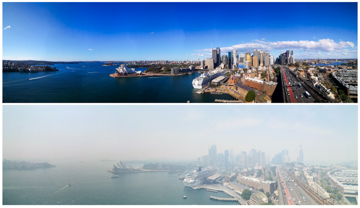 這張拼版照片顯示的是2018年7月6日（上）和2019年12月19日拍攝的澳大利亞悉尼港區的空氣質量對比效果。2019年中至2020年初，持續半年左右的澳大利亞森林火災造成嚴重的環境災難。新華社記者 白雪飛 攝