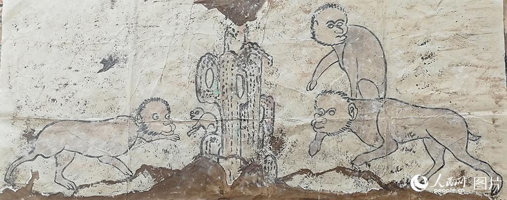2020年4月22日，在內蒙古赤峰市敖漢旗四家子鎮閆杖子村水泉村遼墓拍攝的故事壁畫《群猴戲耍圖》。李富 攝
